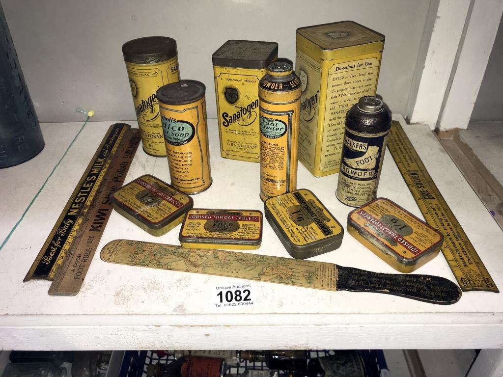 A quantity of advertising tins including Sanatagen, Walkers foot powder etc.