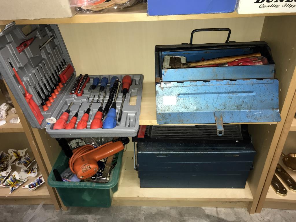 2 shelves of tools including screwdriver set, cantilever tool boxes & contents etc.