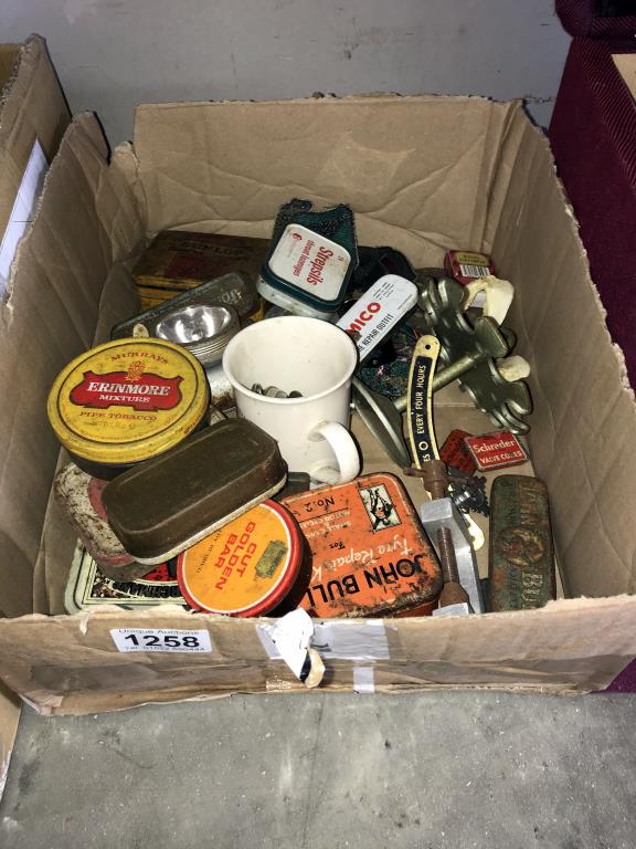 A box of tins, Air Forces badges and miscellaneous etc.