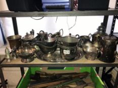A quantity of silver plated metal ware including tea set, tray & gravy boats etc.