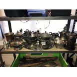 A quantity of silver plated metal ware including tea set, tray & gravy boats etc.