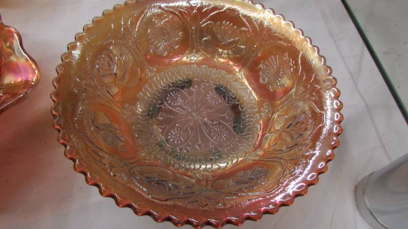 Four carnival glass marigold bowls - Imperial windmill, Fenton chrysanthemum, - Image 4 of 5