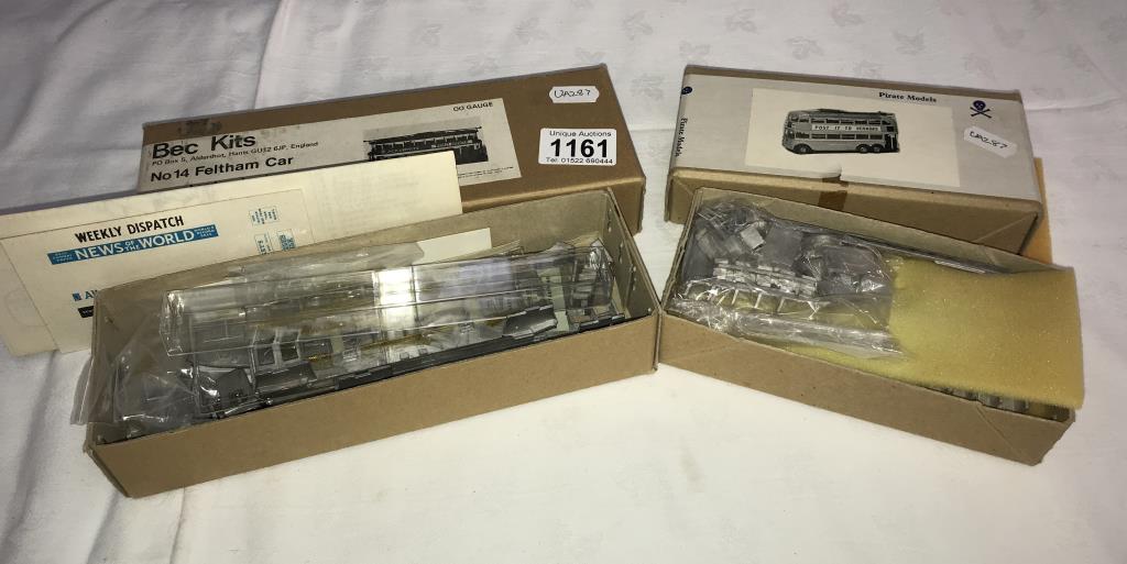 A boxed white metal kit by Pirate model of a trolleybus and a BEC kit of a no 14 Feltham car,