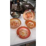 Three carnival glass bowls - Fenton acorn, Imperial rose, Northwood grape & cable,