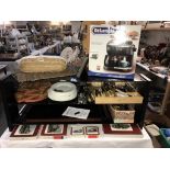 A Russell Hobbs hot tray, Delonghi cappuccino coffee maker, good lot of cutlery,