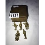 A nice small jewellery box holding 5 small brass Dickens? character figures