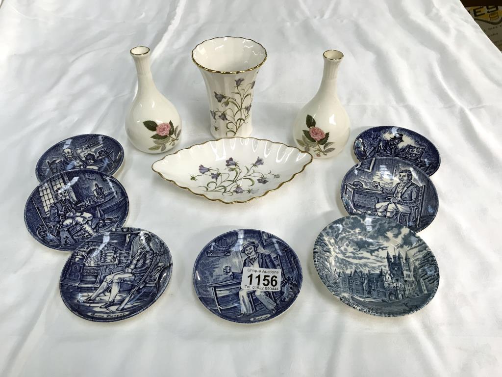 7 Enoch Wedgwood blue and white cabinet plates plus Wedgwood vase and Spode vase and dish