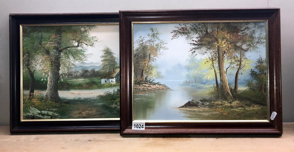 2 framed oil on canvas country scenes