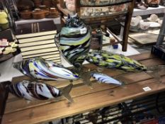 5 multi coloured vintage art glass fish