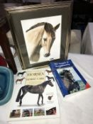 A watercolour of a horse and 2 hardback books on horses