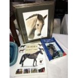 A watercolour of a horse and 2 hardback books on horses