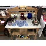 A Victorian pine marble top washstand with art nouveau tiled back