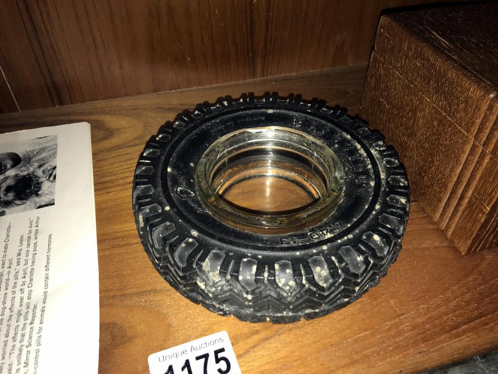 3 vintage Firestone tyre ashtrays and an oak cigarette box - Image 3 of 4