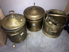 3 brass coal scuttles 2 of which have lids,