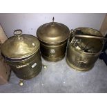 3 brass coal scuttles 2 of which have lids,