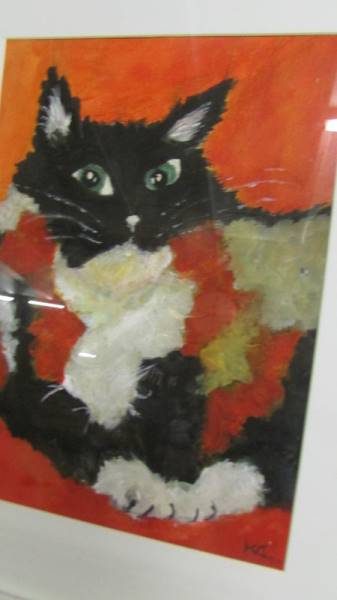 A framed and glazed acrylic of a tabby cat initialed K C. (Collect only). - Image 2 of 2