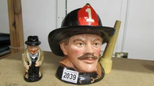 Two Royal Doulton character jugs - Large The Fireman and Small Churchill.