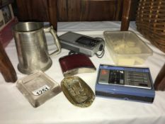 A Sony Walkman WM33, portable radio, pewter tankard,