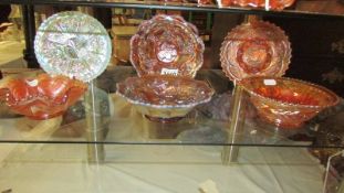 Six pieces of carnival glass including two amethyst vintage wide panel and four others (one a/f).
