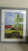 A framed and glazed acrylic of a French rural scene. (Collect only).