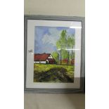 A framed and glazed acrylic of a French rural scene. (Collect only).