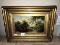 A 19th/20th century oil on board of wooded water scene (frame 42cm x 31cm,