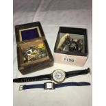 A carved wooden box of cufflinks and a quantity of used watches