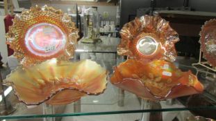 Four carnival glass bowls - Sun gold floral, English hob & button,