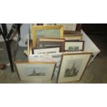 A large box of assorted paintings and prints.