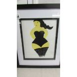 A framed and glazed acrylic/oil? on canvas of a lady in basque and stockings. (Collect only).