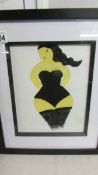 A framed and glazed acrylic/oil? on canvas of a lady in basque and stockings. (Collect only).