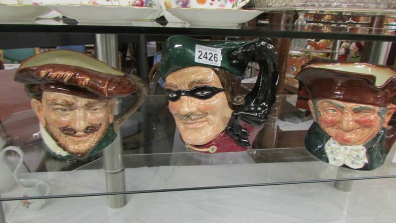 Three Royal Doulton character jugs - Old Charley, Dick Turpin and Drake.