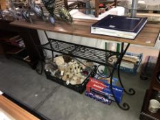 A dark pine plank topped wrought iron based wall table (garden/conservatory)