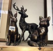 3 bronzed resin woodland animals
