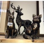 3 bronzed resin woodland animals