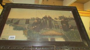 A Victorian oak framed and glazed print of friar's fishing.