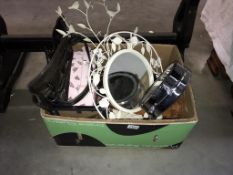 A box of miscellaneous including wrought iron butterfly mirror, vanity mirror,