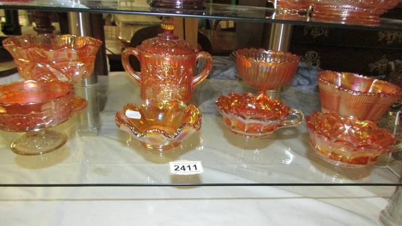 Eight carnival sugar and other bowls including two marigold heavy grape dishes with handles,
