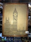 An antique brass faced engraving clock of Big Ben a/f, no fingers, springs,