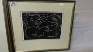 Henri Matisse (1869-1954) Print of a linocut of a female entitled Fraiche sur des Lits de Violettes