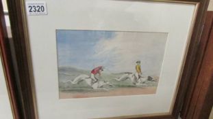 Late 19th century humorous watercolour painting of two jockeys riding greyhounds,