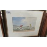 Late 19th century humorous watercolour painting of two jockeys riding greyhounds,