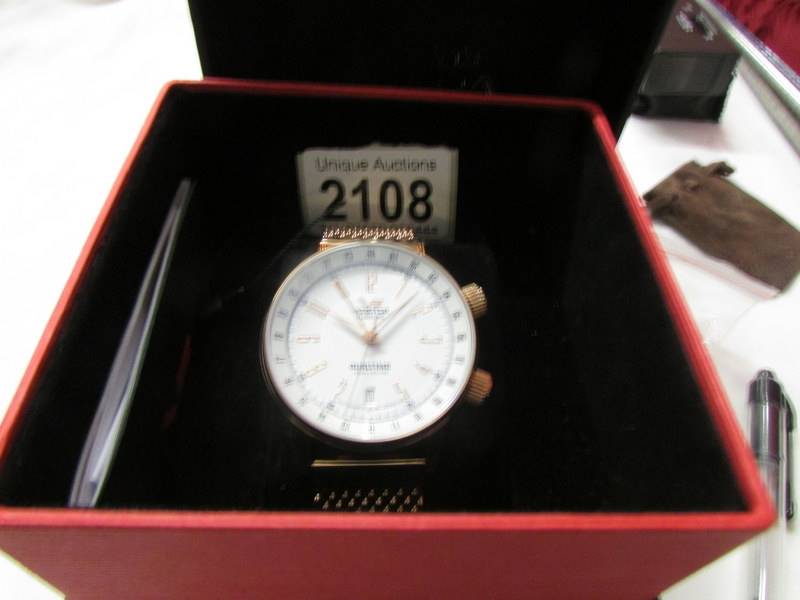 A boxed as new Vostok Europe Dualtime 12/24 hours wrist watch.