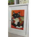 A framed and glazed acrylic of a tabby cat initialed K C. (Collect only).