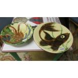 Two vintage Puidgemont studio art pottery platters, Fish 13.5" diameter, Lobster 11" diameter.