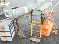 2 metal heavy duty stands with pine top, 3 lots of chicken wire, hedge trimmer, Flymo etc.