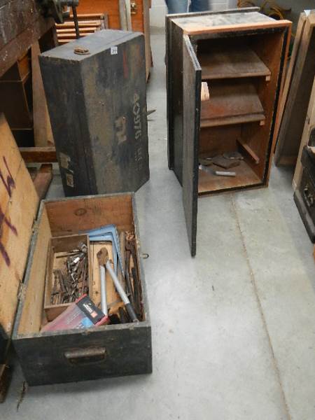 3 old wooden tools boxes and some tools.