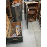 3 old wooden tools boxes and some tools.
