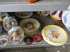 A mixed lot including old plates, bed warmer, 4 musical Teddy bear dreams ornaments etc.