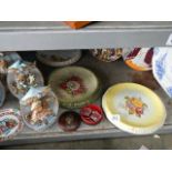 A mixed lot including old plates, bed warmer, 4 musical Teddy bear dreams ornaments etc.